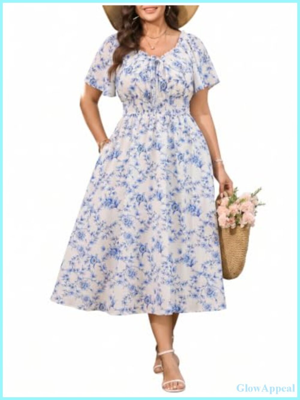 Plus Size Boho Maxi Dress Curvy Scoop Neck Tie Front Smocked Waist Flowy Casual